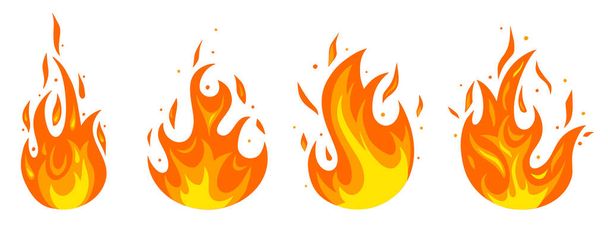 Conjunto de diferentes fuegos en estilo de dibujos animados. Colección de llamas rojas y anaranjadas. Situación de peligro y concepto de problemas
. - Vector, Imagen