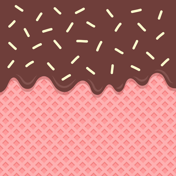 Virtaava suklaakastike pinkillä vohvelivektorilla, jonka päällä valkoisia strösseleitä
. - Vektori, kuva