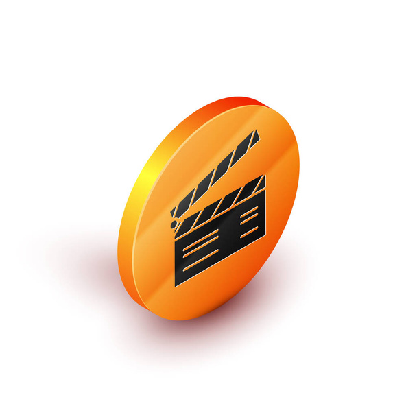 Isometric Movie clapper icon isolated on white background. Film clapper board. Clapperboard sign. Cinema production or media industry concept. Orange circle button. Vector Illustration - Vector, Image