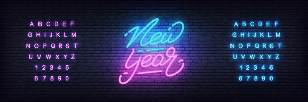 Nieuwjaar neon. Gloeiende neon belettering sjabloon voor Nieuwjaar 2020 viering - Vector, afbeelding