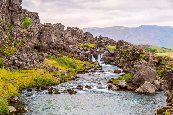 Small waterfall on Oxara river.Thingvellir National Park.Iceland - Photo, Image