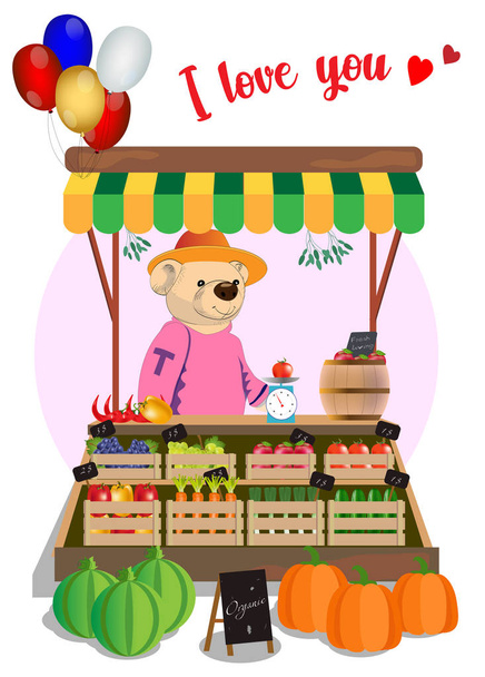 Happy teddy bear sell their products. - Vector, Image