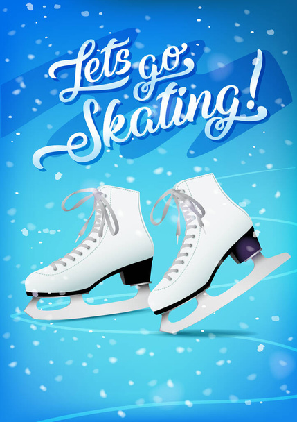 Laten we gaan schaatsen poster met een paar witte klassieke schaatsen op blauwe ijs achtergrond, vector template. - Vector, afbeelding