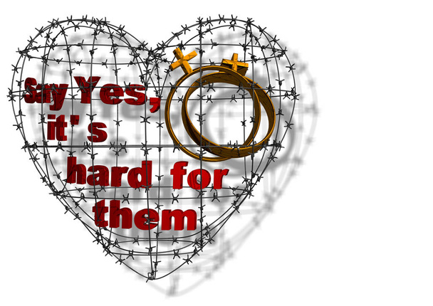Текст "Say Yes, it's hard for them" знаходиться всередині колючого дроту у формі серця. Простий фон. 3d рендеринг. - Фото, зображення