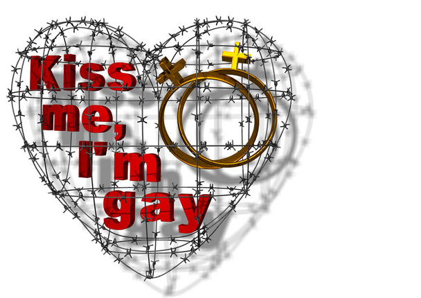 テキスト"Kiss me I'm gay"は、ハートの形をした有刺鉄線の内側にあります。背景は透明だ3Dレンダリング. - 写真・画像