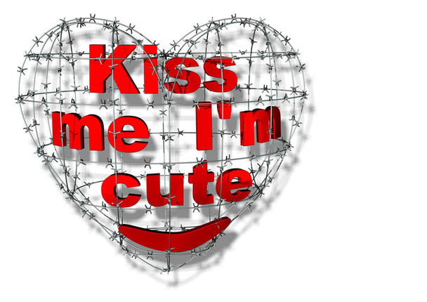 Tekst "Kiss me I 'm cute" jest wewnątrz drutu kolczastego w kształcie serca. Przejrzyste tło. 3d renderowanie. - Zdjęcie, obraz