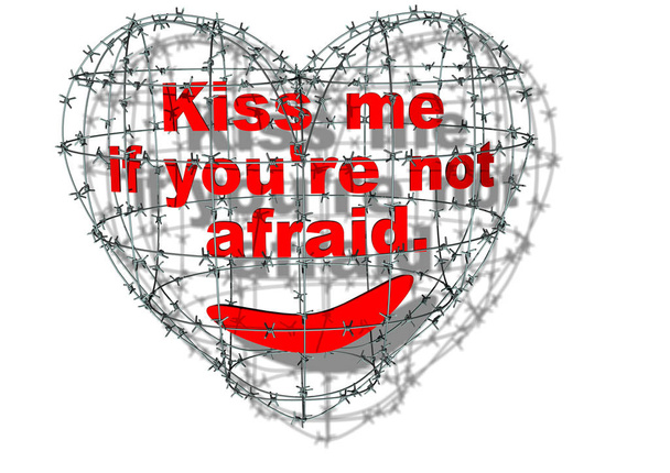 "Korkmuyorsan öp beni" mesajı kalp şeklinde dikenli telin içinde. Şeffaf arka plan. 3d oluşturma. - Fotoğraf, Görsel