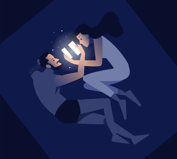 Love history. Technology, internet, communication and people concept - happy smiling young man and girl with smartphone and listening to music in bed at night. Vector illustration in flat style. - Vector, Image