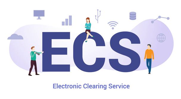 ecs elektronisches Clearing-Service-Konzept mit großem Wort oder Text und Team-Leuten mit modernem flachen Stil - Vektor - Vektor, Bild