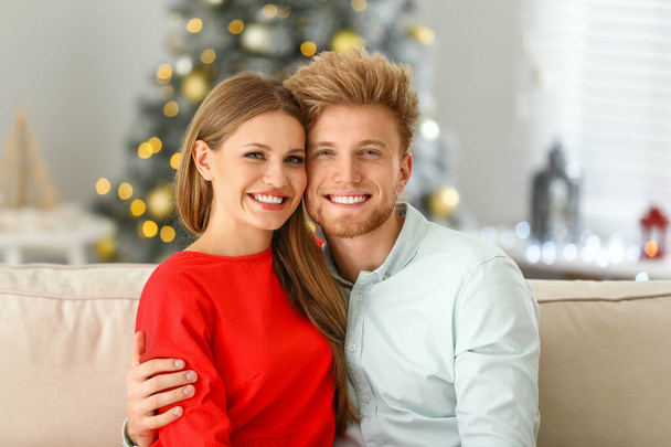 Happy young couple on sofa at home. Christmas celebration - Fotó, kép