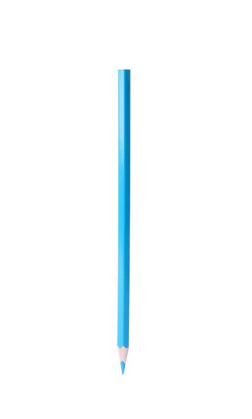 Light blue wooden pencil on white background. School stationery - Photo, Image