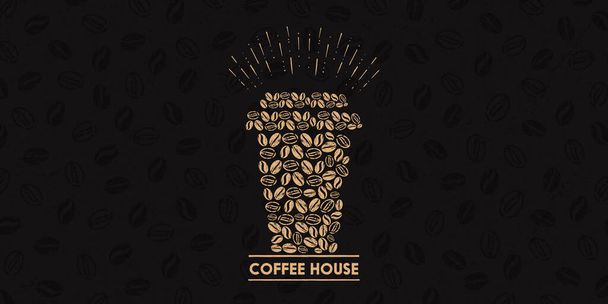 Text of coffee house and seamless pattern with beans Illustration banner - Photo, Image