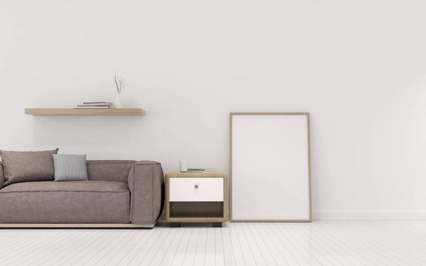 Pohled na obývací pokoj s pohovkou a prázdným rámečkem na bílé stěně. Perspektiva minimálního designu interiéru. 3D vykreslování. - Fotografie, Obrázek