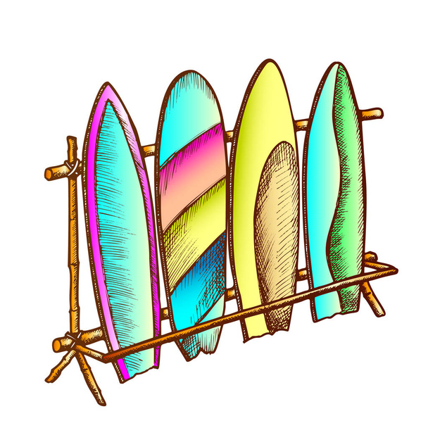 Surfbretter in unterschiedlichem Design auf Rack-Farbvektor - Vektor, Bild