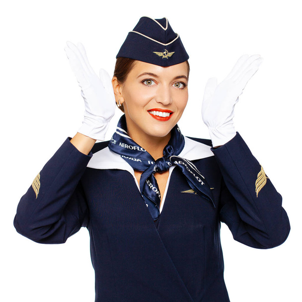 RUSSIA, SAMARA: 22 OCTOBER 2019. Russian stewardess dressed in o - Foto, immagini