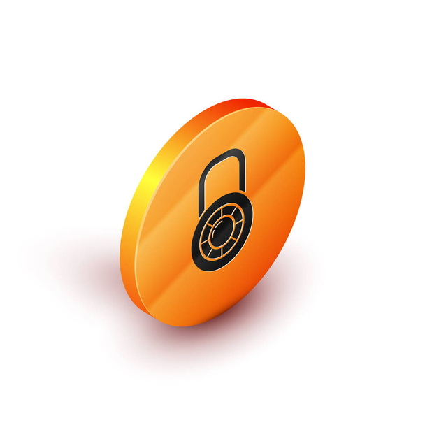 Isometric Safe combination lock wheel icon isolated on white background. Combination padlock. Security, safety, protection, password, privacy. Orange circle button. Vector Illustration - Vector, Image