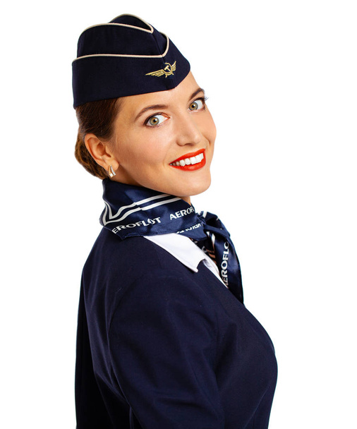 RUSSIA, SAMARA: 22 OCTOBER 2019. Russian stewardess dressed in o - 写真・画像