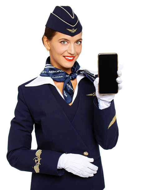 RUSSIA, SAMARA: 22 OCTOBER 2019. Russian stewardess dressed in o - Zdjęcie, obraz