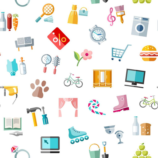 Shops, seamless pattern, color, white, vector. Different product categories. Colored icons on a white field.  - Vektor, kép