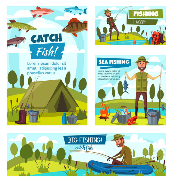 River and lake fishing, fisher tackles equipment - Vector, Image