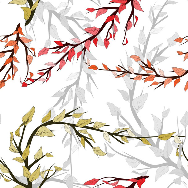 カラフルな背景にシームレスなパターン。装飾的なデザインのための秋の葉を持つラインアートの枝。シームレスなベクトルテクスチャ。ベクトル秋のイラスト - ベクター画像