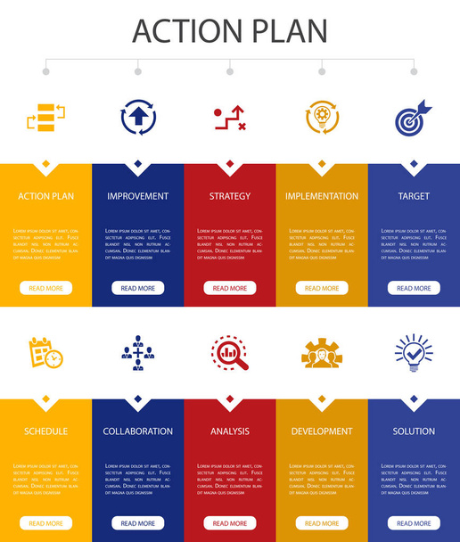action plan Infographic 10 option UI design.improvement, strategy, implementation, analysis simple icons - Vector, Image