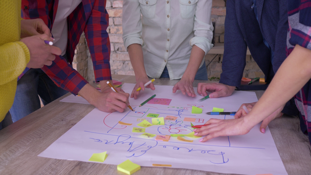 successful coach training, hands of creative office collaborators applaud during triumph over new project development business idea on big paper with colored stickers in modern office - Video