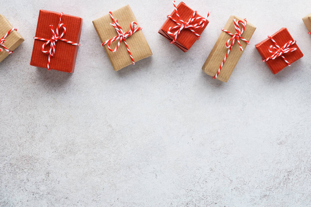 Set of gift boxes on light gray background. Christmas sale. - Zdjęcie, obraz