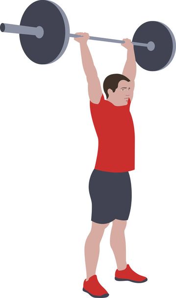 Crossfit προπόνηση για ανοιχτό πρωτάθλημα παιχνίδια. Αθλητισμός άνθρωπος προπόνηση βαρύ βάρος barbell προωθητήρα εμπρός πιέστε την άσκηση στο γυμναστήριο για υγιή όμορφο σώμα κίνητρο σχήμα. - Διάνυσμα, εικόνα