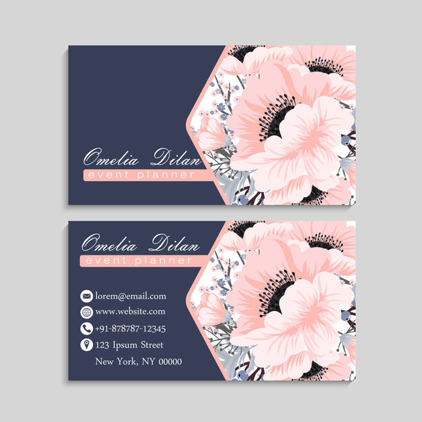 Blue business card with pink flowers. Template - Vettoriali, immagini