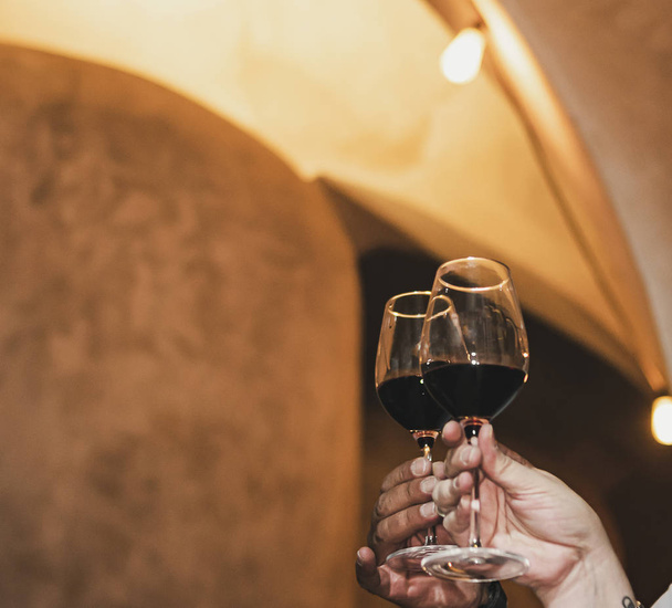 Two people raise their glass with wine in a cellar to toast after a tasting - Photo, Image