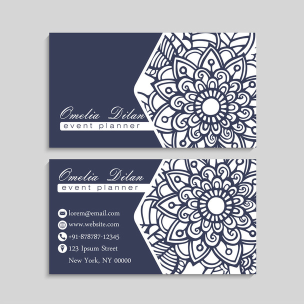 Blue business card with white hand drown flowers. Template - Vettoriali, immagini