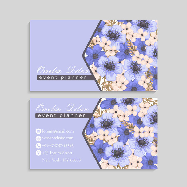 Violet business card template with flowers - ベクター画像