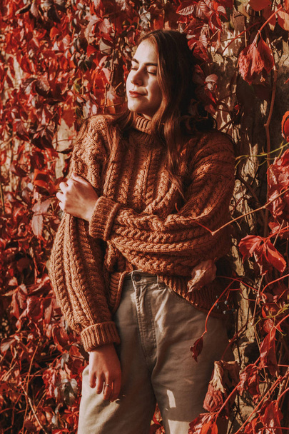 Stylish girl in knitted sweater. Fashion. Woman with dark hair.  - Фото, зображення