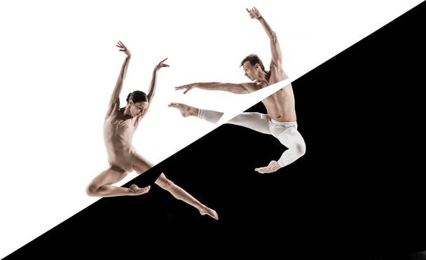 Modern ballet dancers. Contemporary art ballet, black and white - 写真・画像