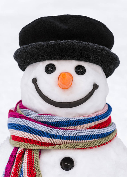 Ritratto di un simpatico pupazzo di neve con un sorriso gentile
 - Foto, immagini