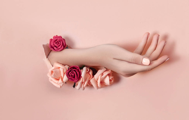 Hand with paper flowers and painted nails is thrust through a ho - Zdjęcie, obraz