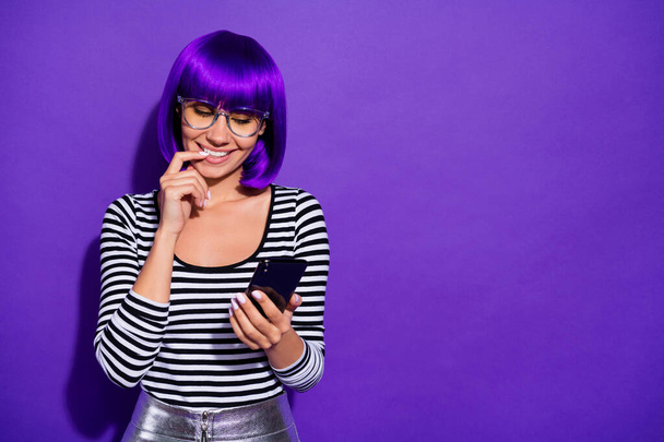 Photo of funny lady hold hands telephone reading boyfriend letter wear specs striped pullover isolated purple background - 写真・画像