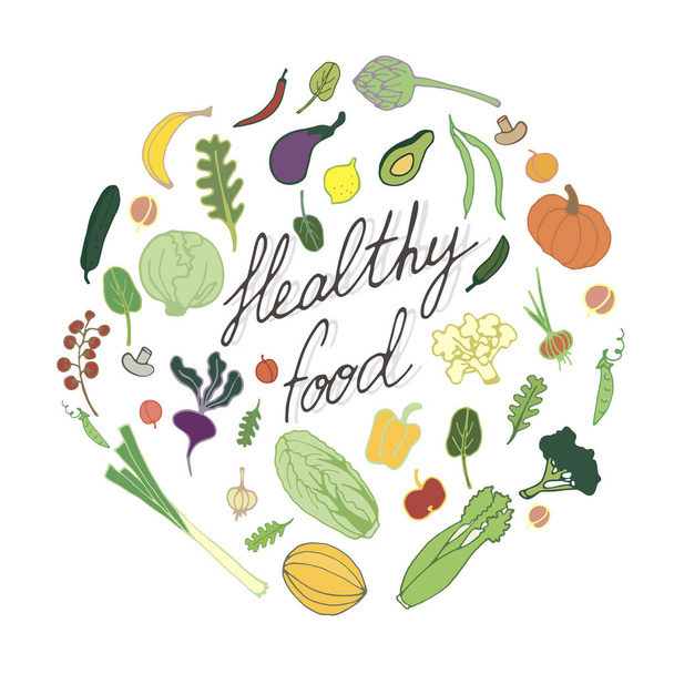 Здорове харчування намальована рука ілюстрація з фруктами та овочами
 - Вектор, зображення