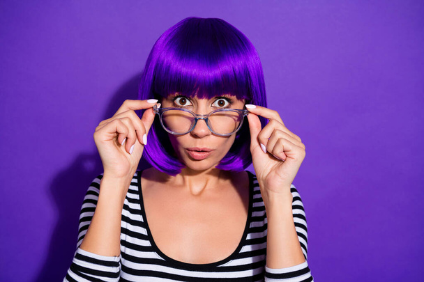 Photo of beautiful lady listen terrible news wear specs skirt wig striped pullover isolated purple background - Fotó, kép
