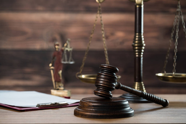 Still life of Law and Justice symbols on wooden table background. - Photo, Image