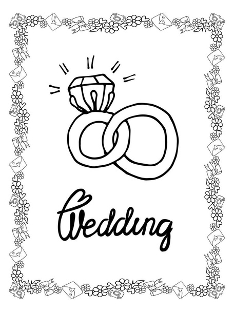 ラインアートの花輪で隔離された結婚式の着色ページ - ベクター画像