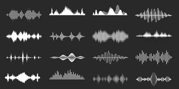 Zvukové vlny. Přehrávání vizualizace písní, radiofrekvenční linky a zvukové amplitudy. Abstraktní hudební vlna, stereo ekvalizér a vektor hlasitosti nastaven. Audio soundtrack a digitální hudební rytmus - Vektor, obrázek