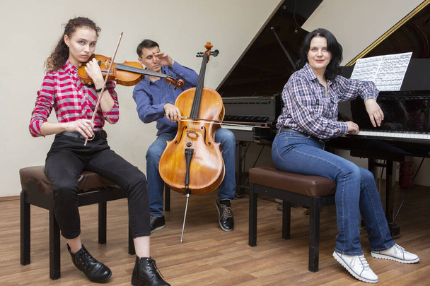 Family trio rehearsing. Father plays the cello, daughter is a violinist, mother plays the piano - Foto, Imagem