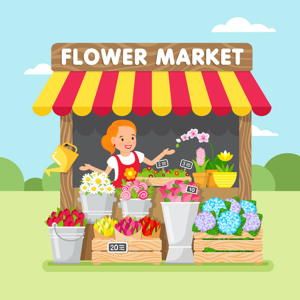 フラワーマーケット。若い女性は花を売る. - ベクター画像