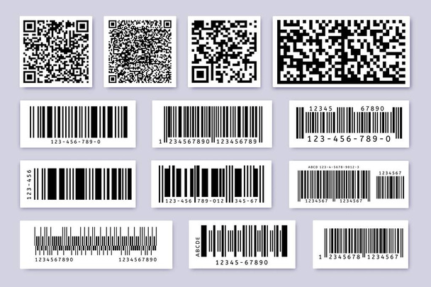 Des étiquettes de codes-barres. étiquette du produit barre autocollant, badges codes-barres et industriel qr code isolé symboles vectoriels ensemble. Codes d'identification pour la vente de produits, le suivi des marchandises et le numéro d'inventaire
 - Vecteur, image