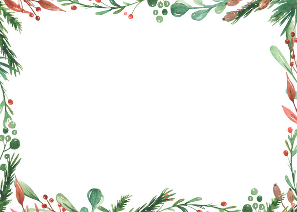 Akvarell Karácsonyi keret fenyő ágak, levelek, bogyók - Fotó, kép