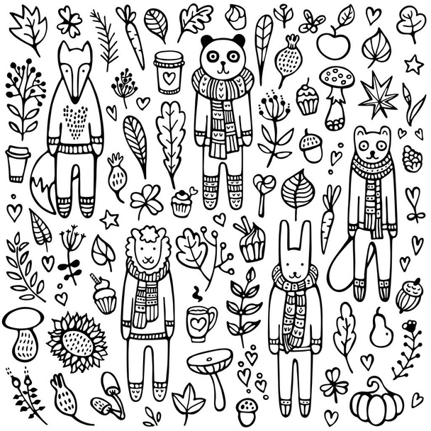 A set of doodle rabbit, fox, sheep, ferret, panda with knitted scarves and warm winter sweaters - Vector, Image