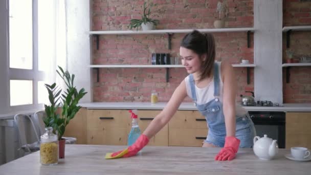 Ev işleri, lastik eldivenli gülümseyen ev hanımı kız kirli mobilyaları kimyayla ovuyor. - Video, Çekim