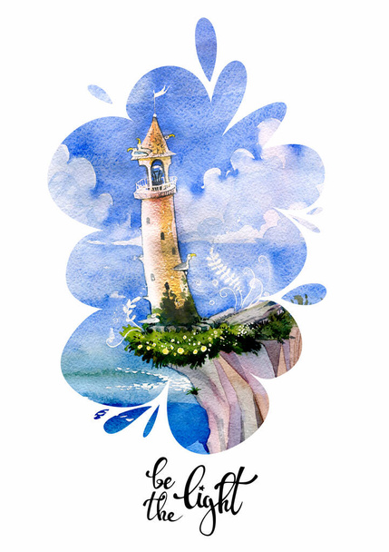 Snow-white fabulous lighthouse with seagulls on a steep cliff overlooking the sea. Watercolor illustration, greeting card, handmade - Fotografie, Obrázek
